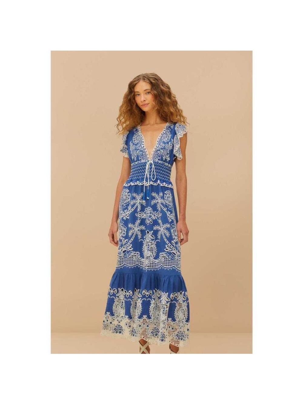 FARM Rio Blue Maxi Dress with White Lace Detailing